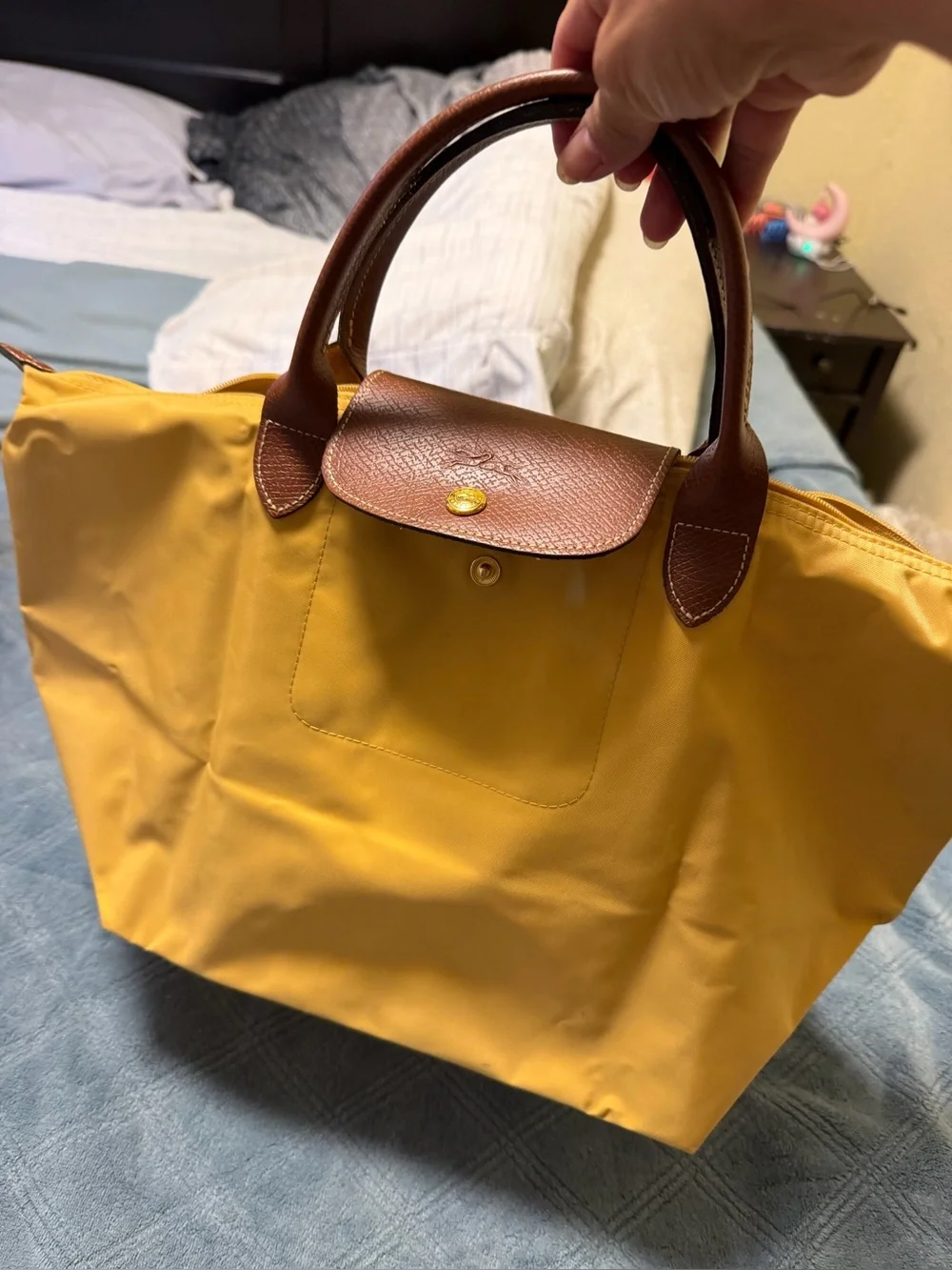 Longchamp Yellow Nylon Tote with Brown Leather Trim